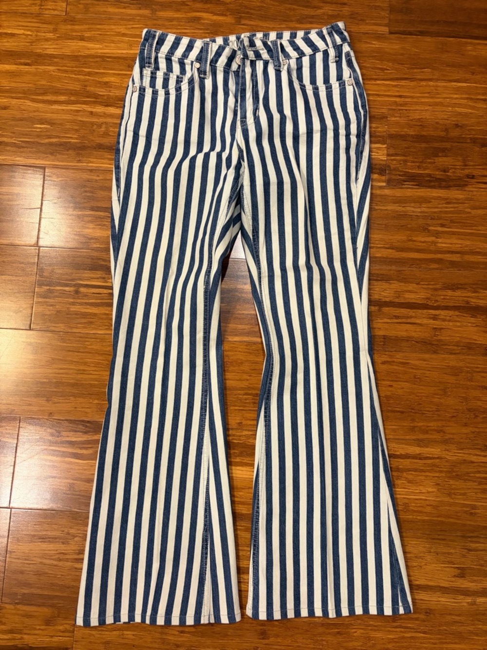 Rock & Roll Cowgirl Blue and White Vertical Stripe Flare Jeans